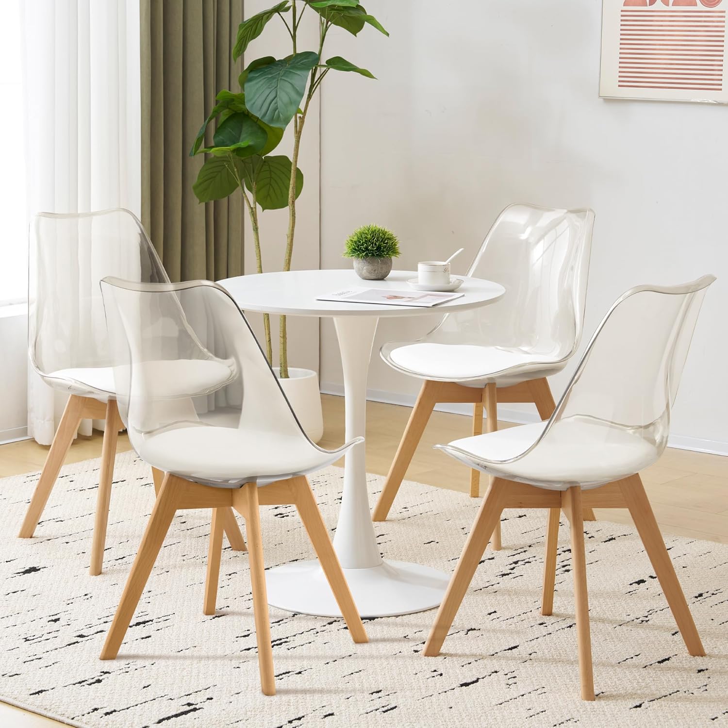 Dining Chairs Set of 4, Clear Acrylic Dining Chair Modern Transparent Chairs with PU Leather Cushions Seat & Wood Legs, Side Chairs for Dining Room Kitchen Restaurant Balcony (White)