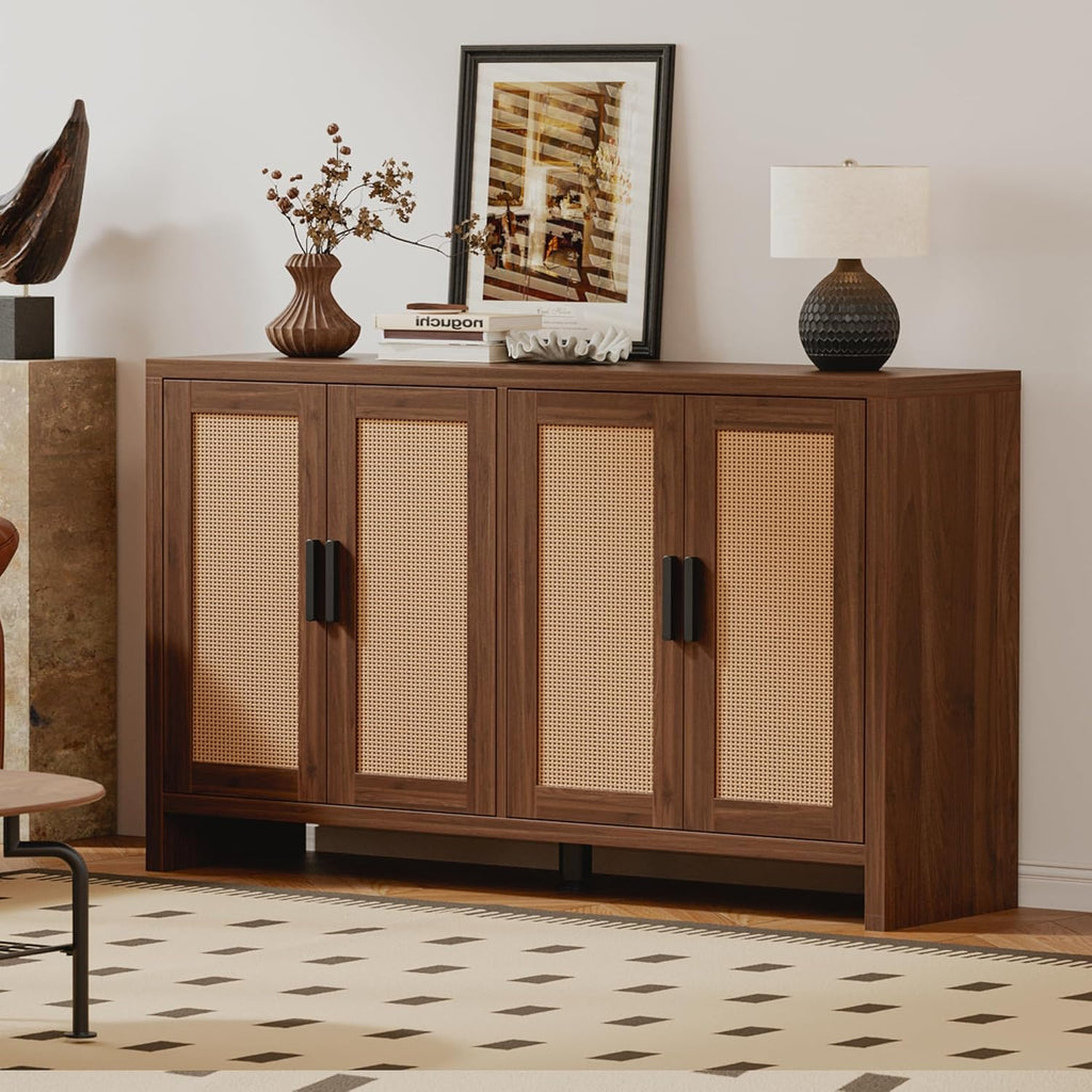 Mericonia Rattan Buffet Cabinet with Storage, Sideboard Cabinet with Doors and Adjustable Shelves, Farmhouse Coffee Bar Station Table, Modern Wood Cupboard for Kitchen, Livingroom, Walnut
