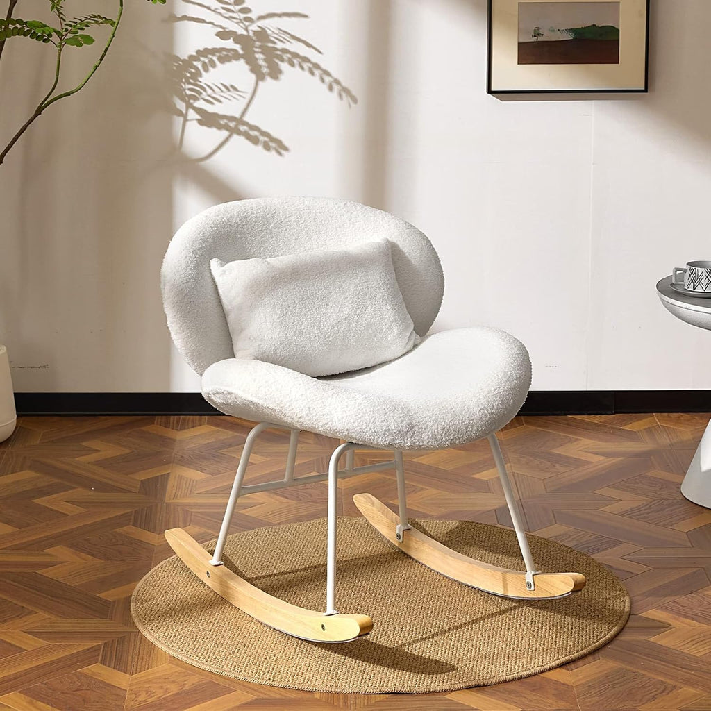VINGLI 25.6" Extra Wide Nursery 115° Armless Rocking Chair, Curved Cute Cross-Legged Glider Chair with Pillow & Solid Wood, Nursing Chair for Bedroom, Living Room, Teddy Fleece, White Cream