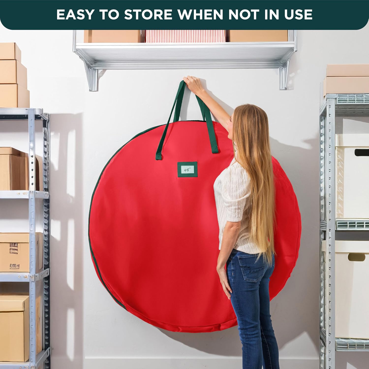 HOLDN’ STORAGE Premium Wreath Storage Bag - Durable Material - Waterproof - Heavy-duty Christmas Storage Container for Xmas Wreath with Dual Zipper Closure, Tear-proof, 48"W x 8"D - Red