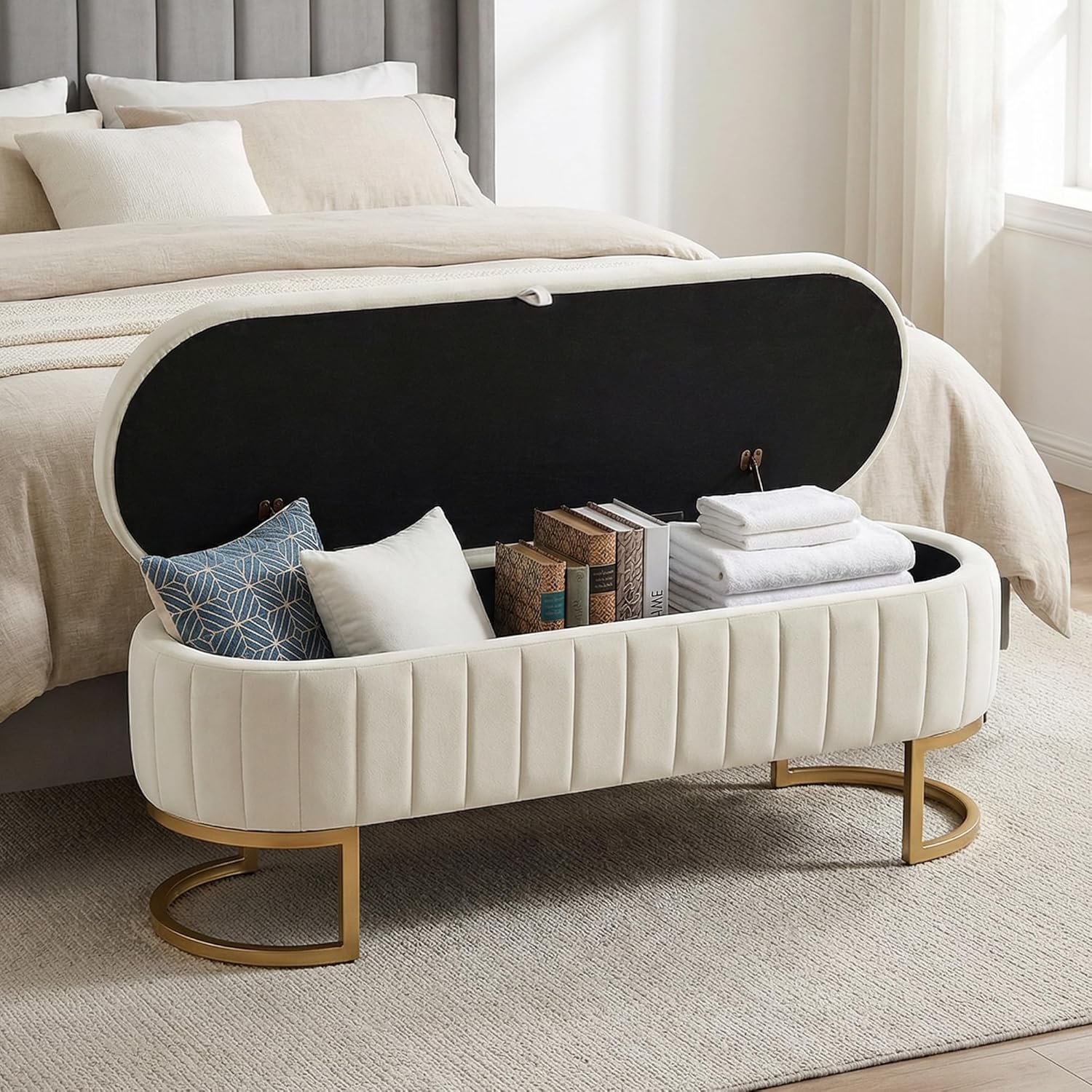 65 Inch Storage Ottoman Bench Velvet End of Bed Storage Bench King Size Upholstered Tufted Bench Large Space for Bedroom Living Room Entryway Beige