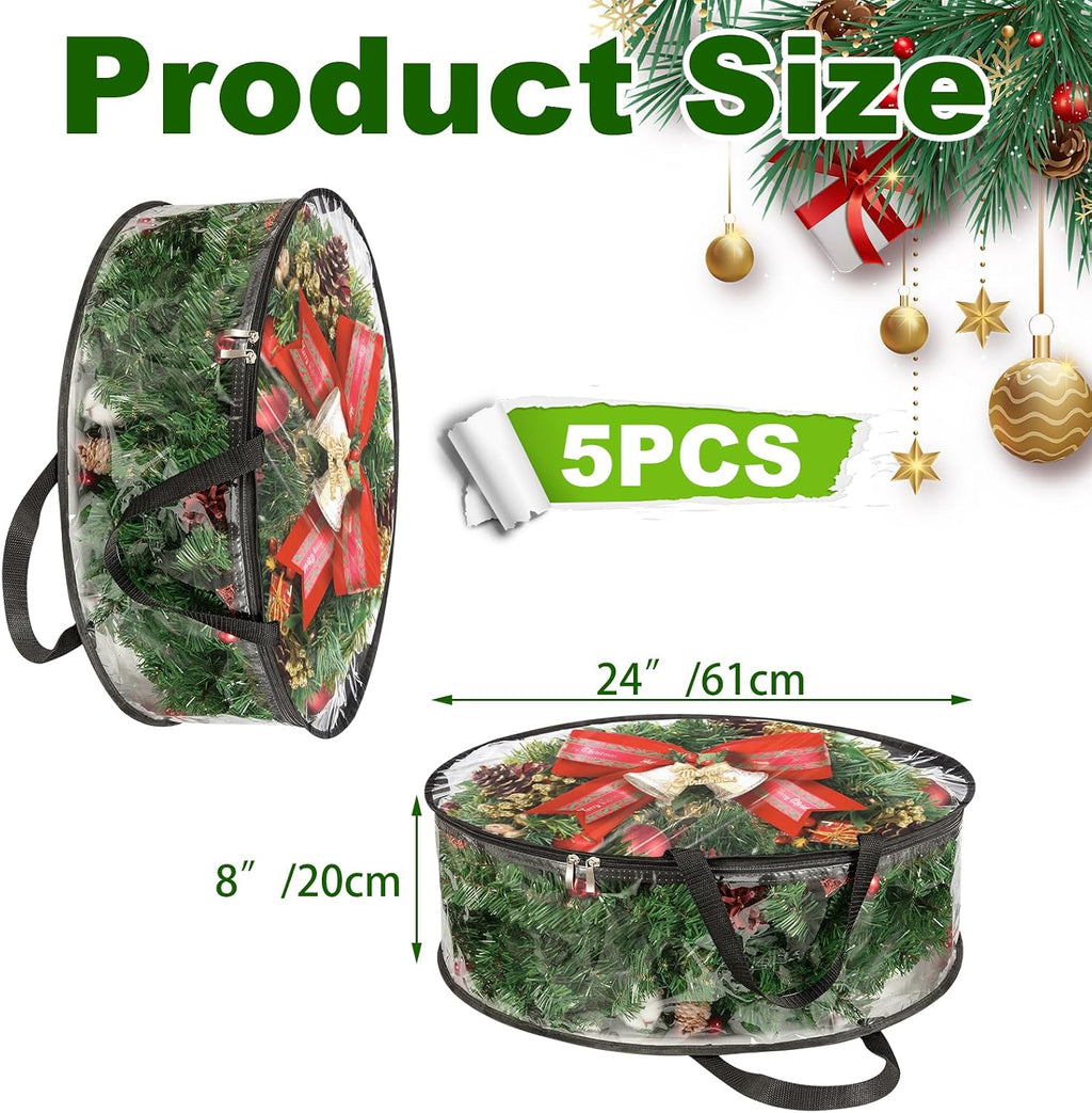 MUXHEL 5 Pcs Christmas Wreath Storage Bags, 24" Dia Round Wreath Storage Containers, Clear, Tear Resistant, Black