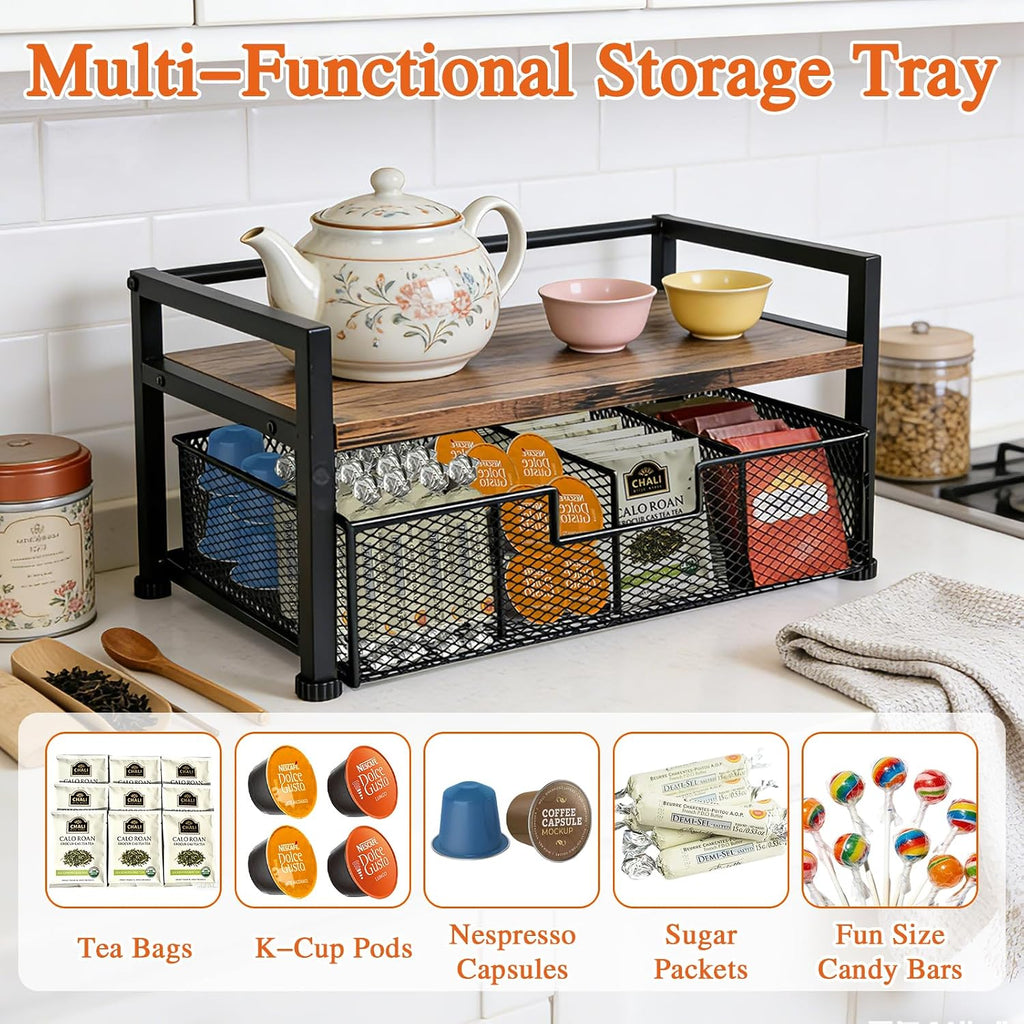 Tea Bag Organizer, Wooden Tea Storage Box with Metal Drawer, 8-Compartment Tea Bag Holder, Tea Station Display Case for Countertop Kitchen, Office, Pantry