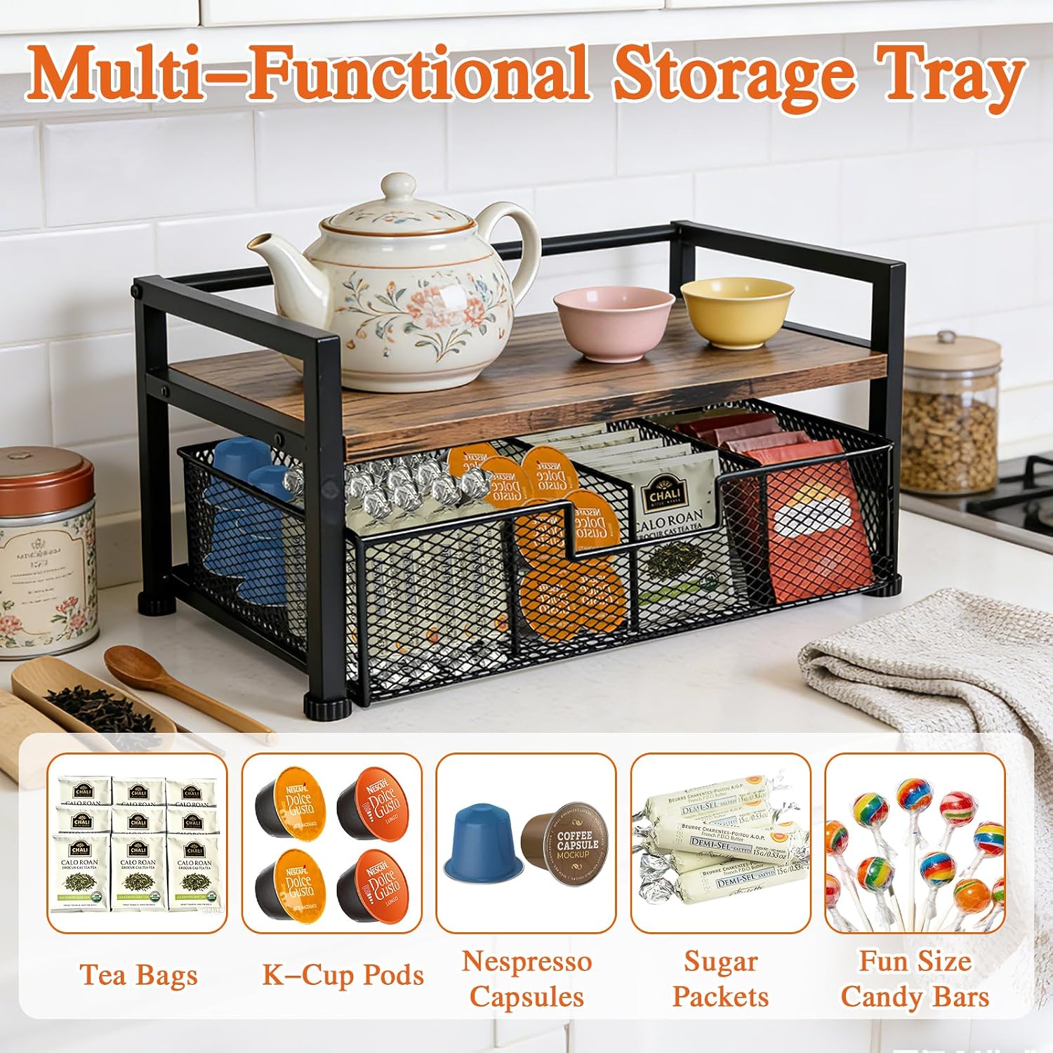 Tea Bag Organizer, Wooden Tea Storage Box with Metal Drawer, 8-Compartment Tea Bag Holder, Tea Station Display Case for Countertop Kitchen, Office, Pantry