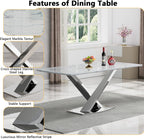 70" Faux Marble White Silver Dining Table for 6, Modern Dining Room Table with 0.71" Marble Printing MDF Top and Cross-Shaped Stainless Steel Base, Rectangular Large Kitchen Dinner Table
