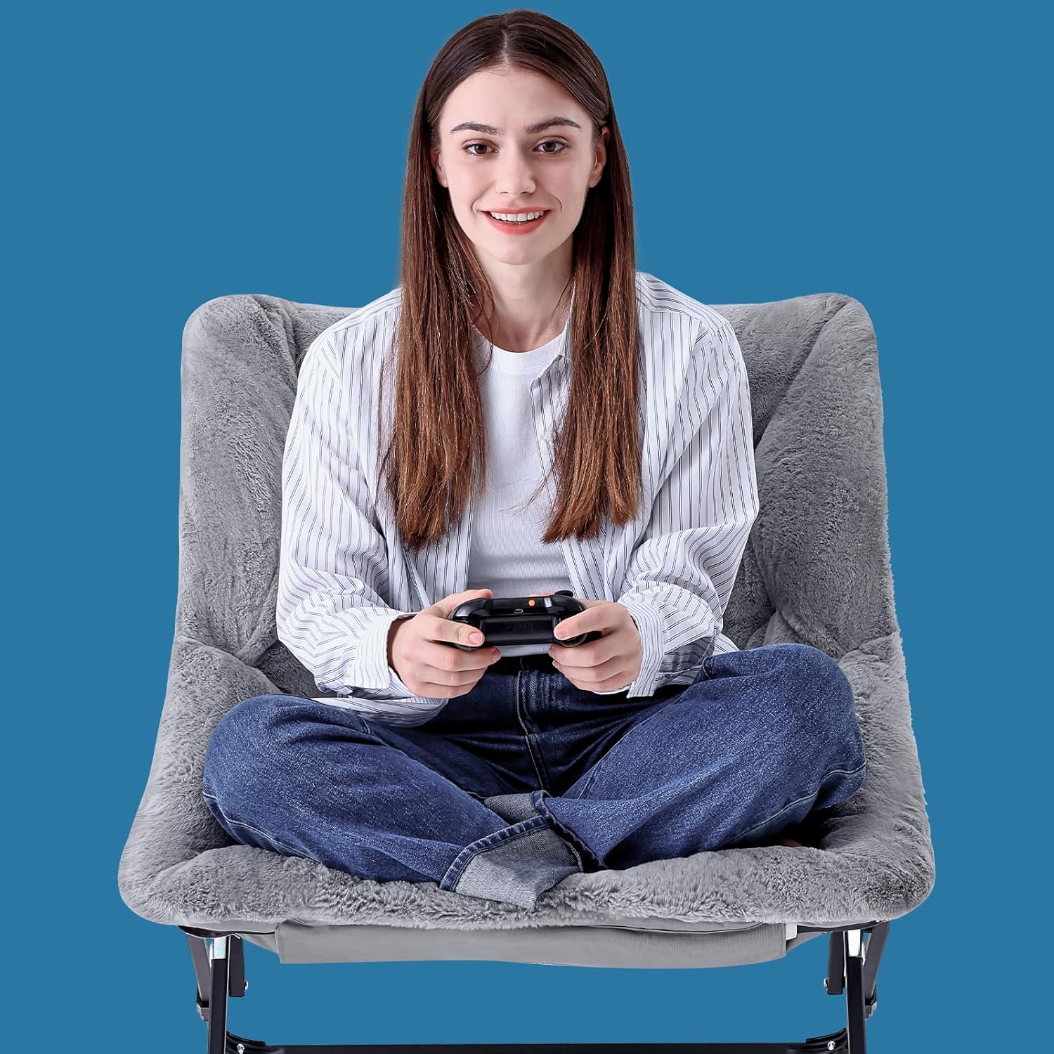 Oakham Comfy Chair for Adults, Soft Faux Fur Folding Lounge for Bedroom Living Room Dorm Rooms Flexible Reading Chair for Teens Kids, X-Large Foldable (Faux Fur-Grey)