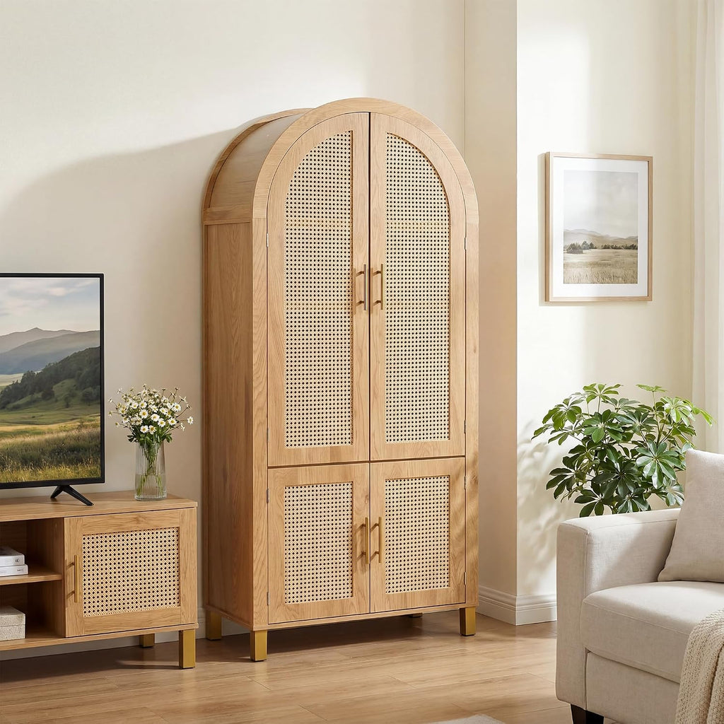 71" Tall Arched Pantry Cabinet with 4 Rattan Doors, 6-Tier Adjustable Shelves, 4 Built-in Door Racks, Rattan Storage Cabinet for Kitchen Dining Room, Soft-Close & Anti-tip Design, Oak