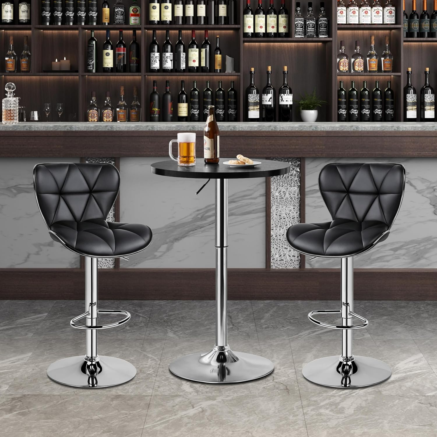 Yaheetech Round Bar Table, Adjustable Height and 360° Swivel Pub Tables, Cocktail Table with MDF Top, Silver Leg Base for Bar, Bistro, Café, Black