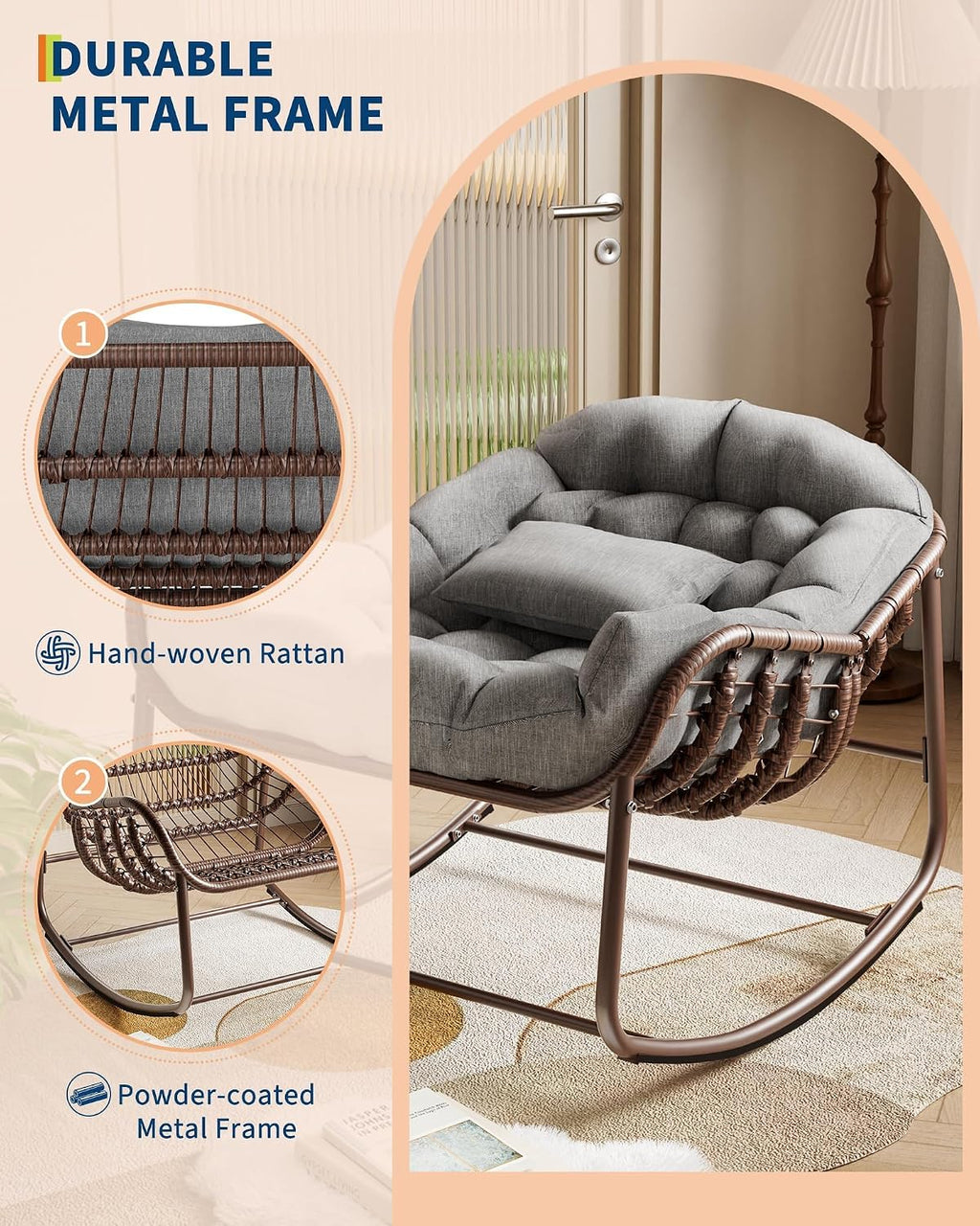 Oversized Papasan Rocking Lounge Chair with Neck Pillow, Hand Woven Rattan Rocker, Heavy Duty Metal Frame Supports 400LBS, Indoor Outdoor Porch Patio Living Room Chair,Gray