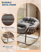 Oversized Papasan Rocking Lounge Chair with Neck Pillow, Hand Woven Rattan Rocker, Heavy Duty Metal Frame Supports 400LBS, Indoor Outdoor Porch Patio Living Room Chair,Gray