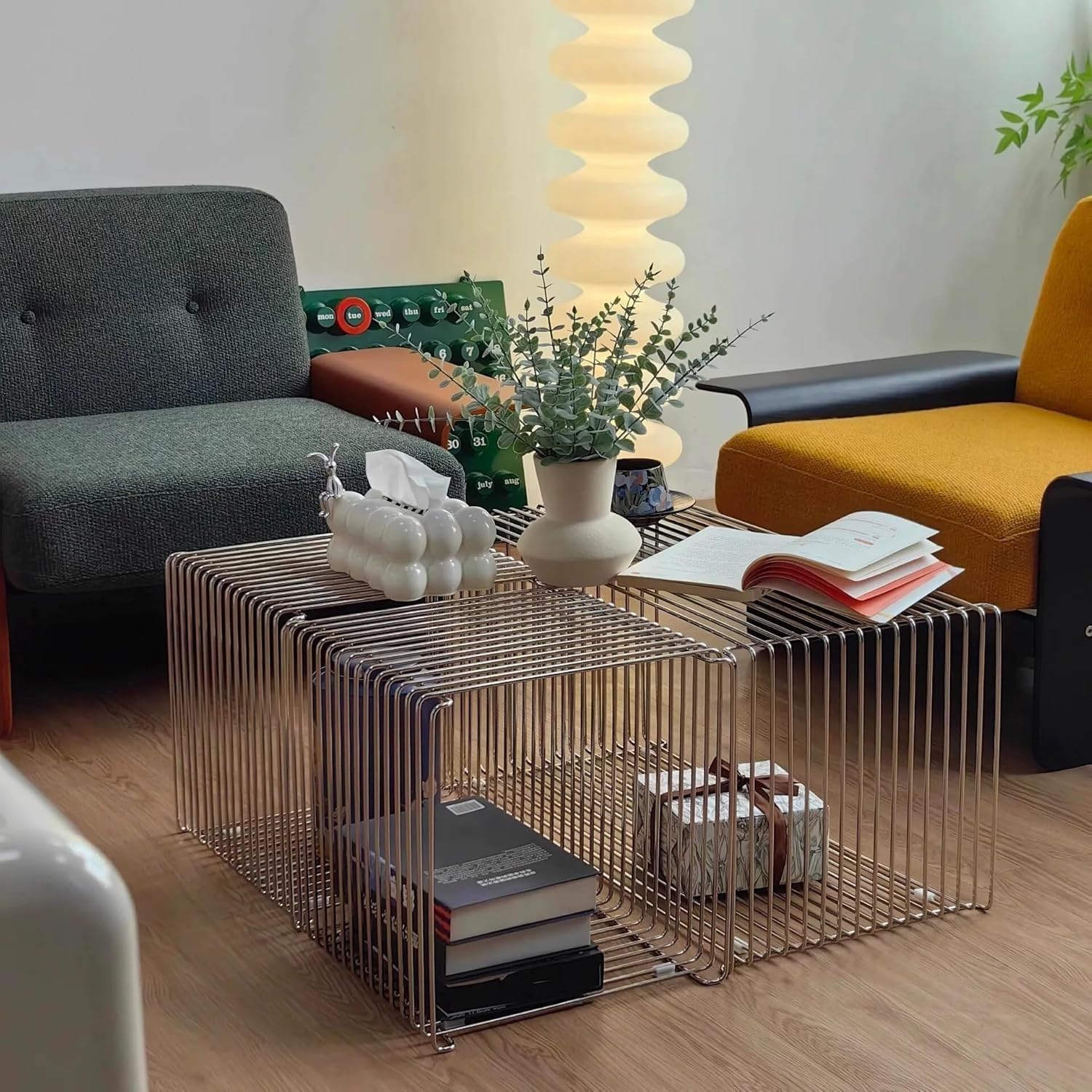 Stainless Steel Side Table, Metal Side Table with Wire Cube Storage, Retro Square Accent Table for Living Room Office Silver Finish (Silver,14in)