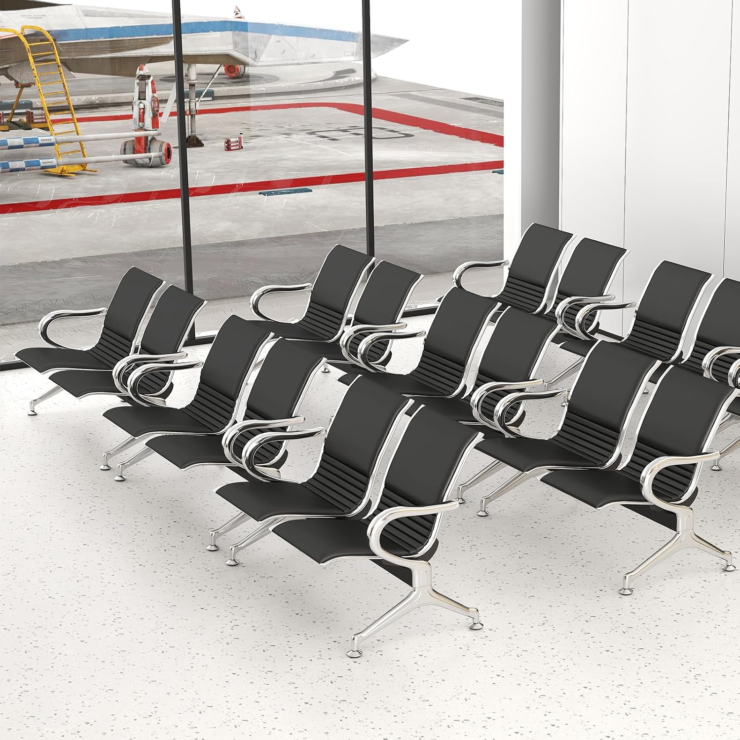 Kinsuite 2-Seat Waiting Room Bench - All PU Leather Waiting Room Chairs with Arms & Non-Slip Foot Mats, Reception Chairs Guest Chair for Office Airport Bank Salon, Black