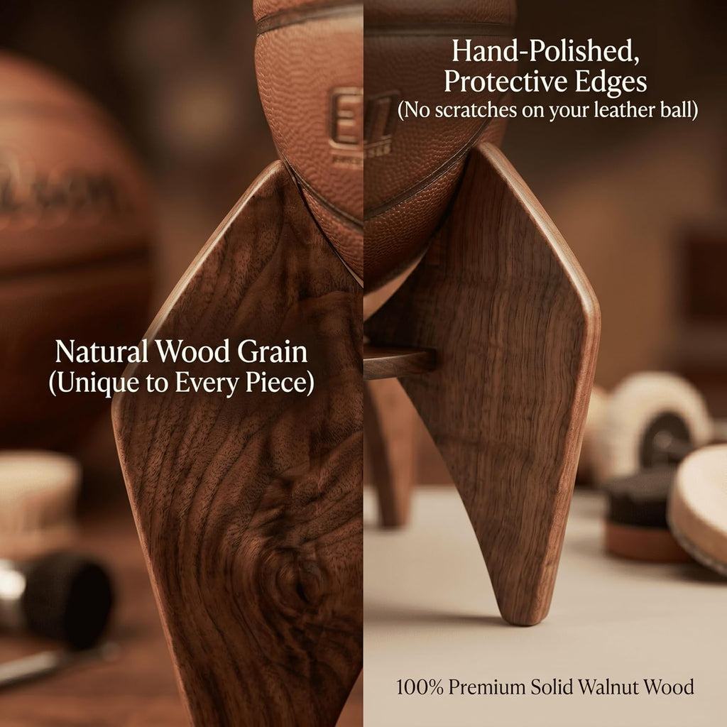 Walnut Wood Basketball Holder - Elegant Desktop Sports Ball Display Stand for Autographed Memorabilia, Drill-Free Tabletop Decor & Unique Gift for Men