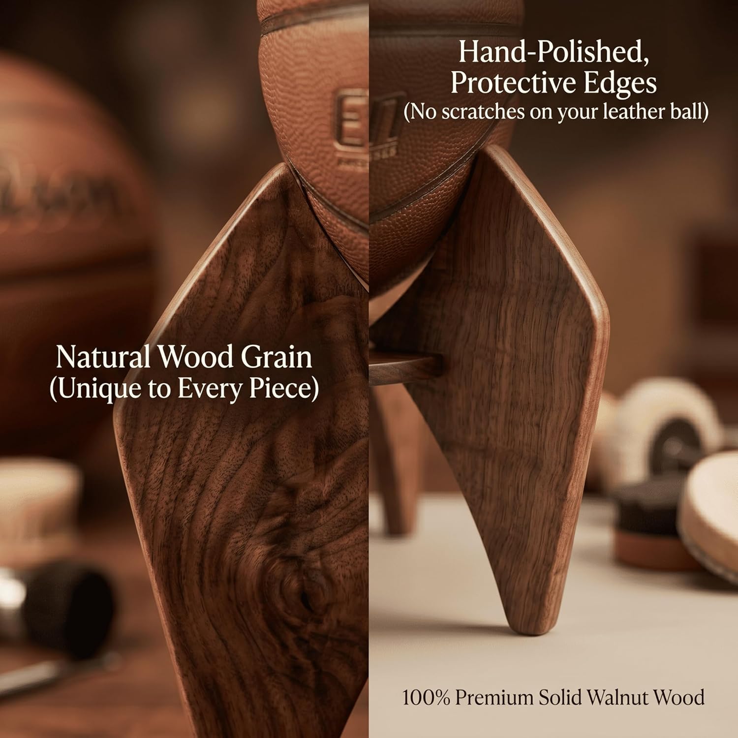 Walnut Wood Basketball Holder - Elegant Desktop Sports Ball Display Stand for Autographed Memorabilia, Drill-Free Tabletop Decor & Unique Gift for Men