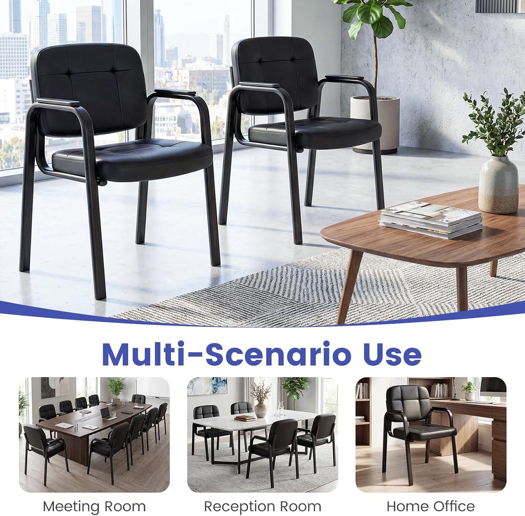 Giantex Waiting Room Guest Chairs Set of 2, Leather Office Reception Chairs with Padded Armrests, Metal Frame, Stationary Side Chairs No Wheels for Conference Meeting Lobby Home, Black