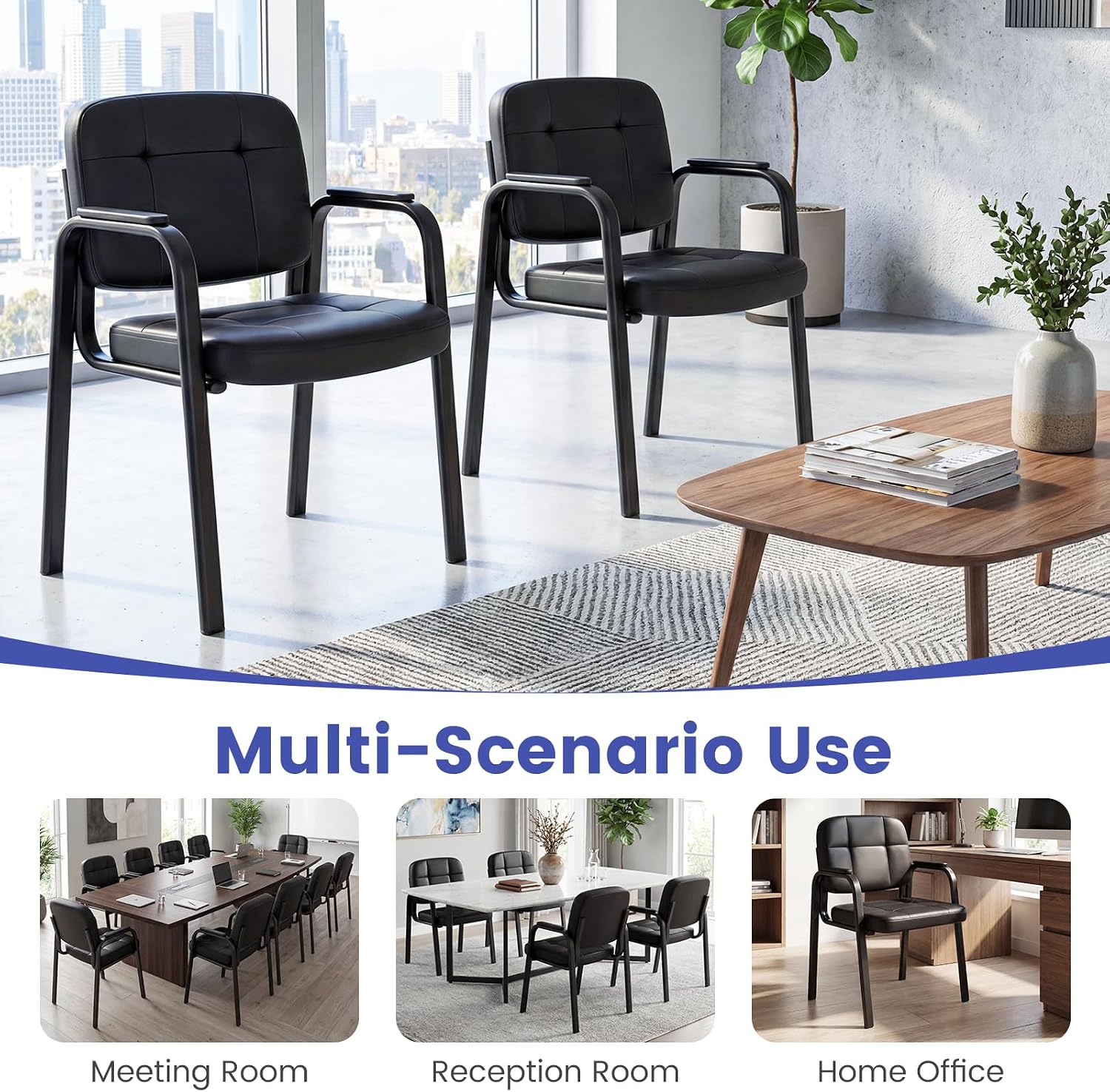 Giantex Waiting Room Guest Chairs Set of 2, Leather Office Reception Chairs with Padded Armrests, Metal Frame, Stationary Side Chairs No Wheels for Conference Meeting Lobby Home, Black
