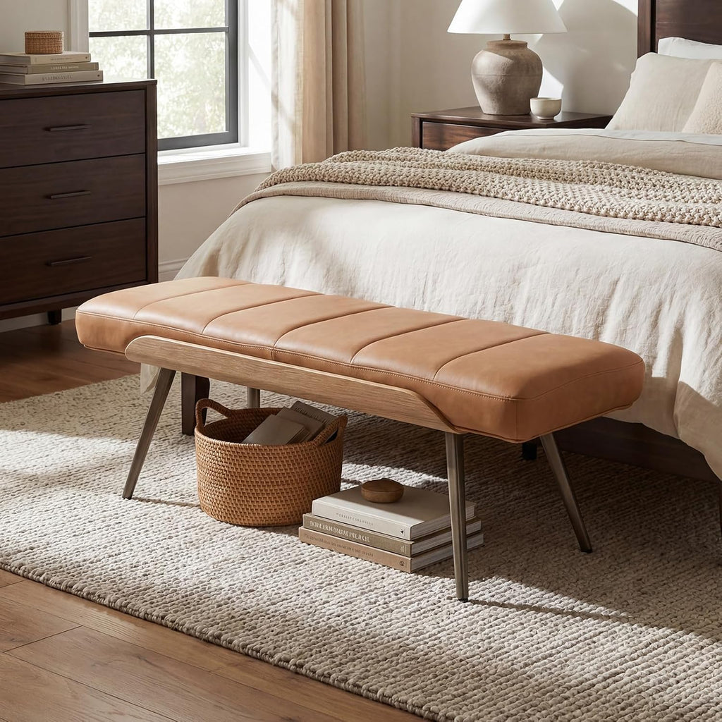 CIMOTA Mid-Century Modern Upholstered Bench, Upholstered Ottoman Bench with Solid Wood Trim and Bronze Metal Legs, 49.5" Accent Bench for Bedroom, Entryway, Living Room, End of Bed, PU Brown