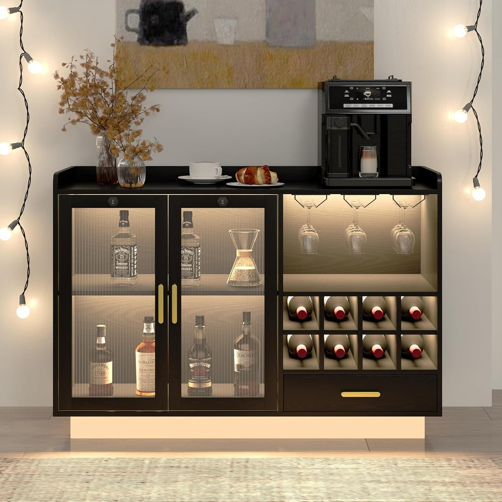 COCO DESIGN Modern Wine Bar Cabinet with LED Light & Locked Fluted Door, Black Floating Coffee Bar with Power Outlets & Glass Rack, Buffet Sideboard with Removable Wine Rack and Drawer for Living Room