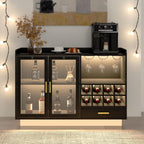 COCO DESIGN Modern Wine Bar Cabinet with LED Light & Locked Fluted Door, Black Floating Coffee Bar with Power Outlets & Glass Rack, Buffet Sideboard with Removable Wine Rack and Drawer for Living Room