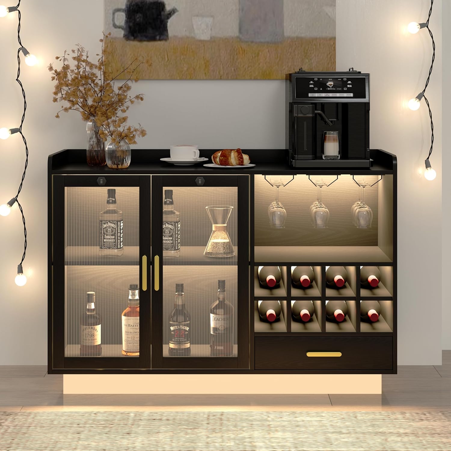 COCO DESIGN Modern Wine Bar Cabinet with LED Light & Locked Fluted Door, Black Floating Coffee Bar with Power Outlets & Glass Rack, Buffet Sideboard with Removable Wine Rack and Drawer for Living Room