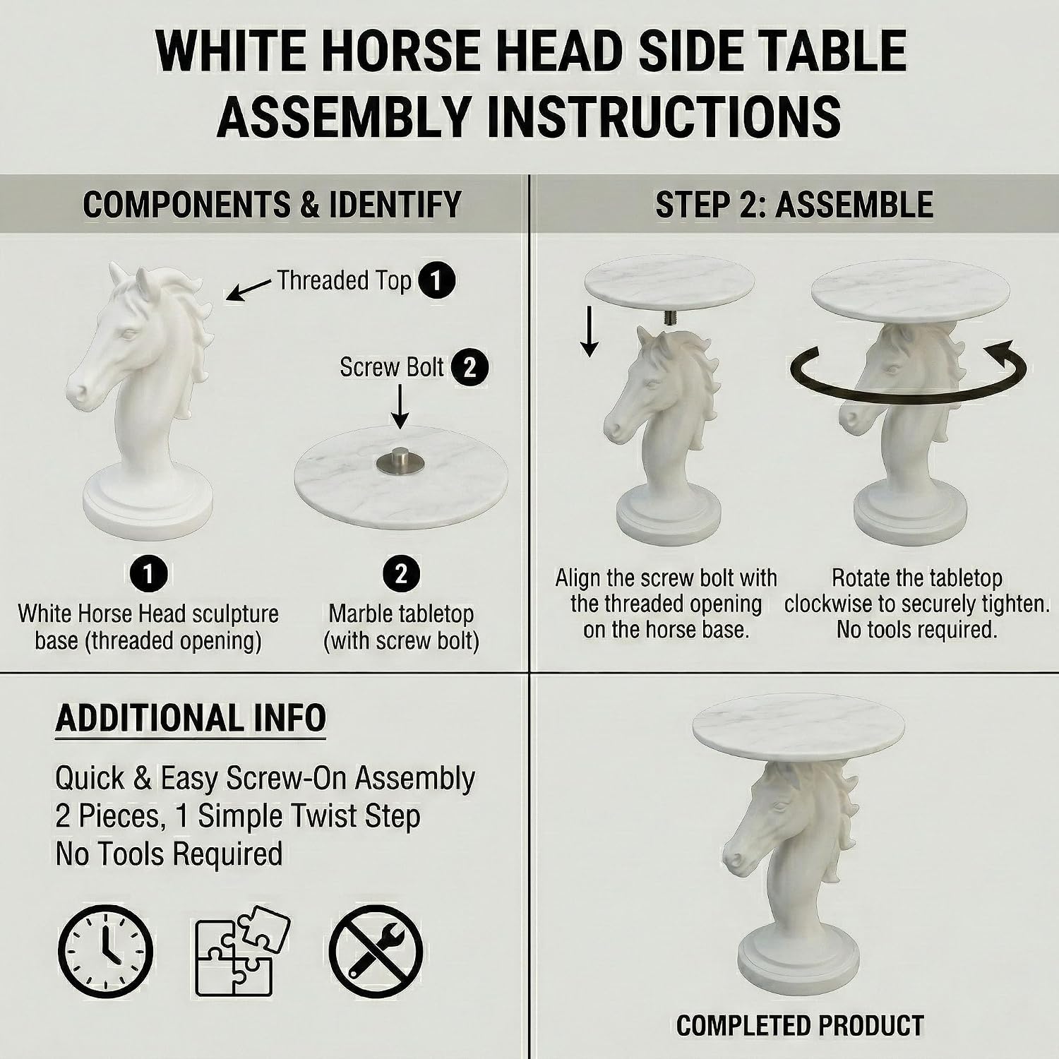 Modern Horse Statue Side Table - Round Faux Marble Top Accent Pedestal with Sculpture Base for Entryway & Living Room, White