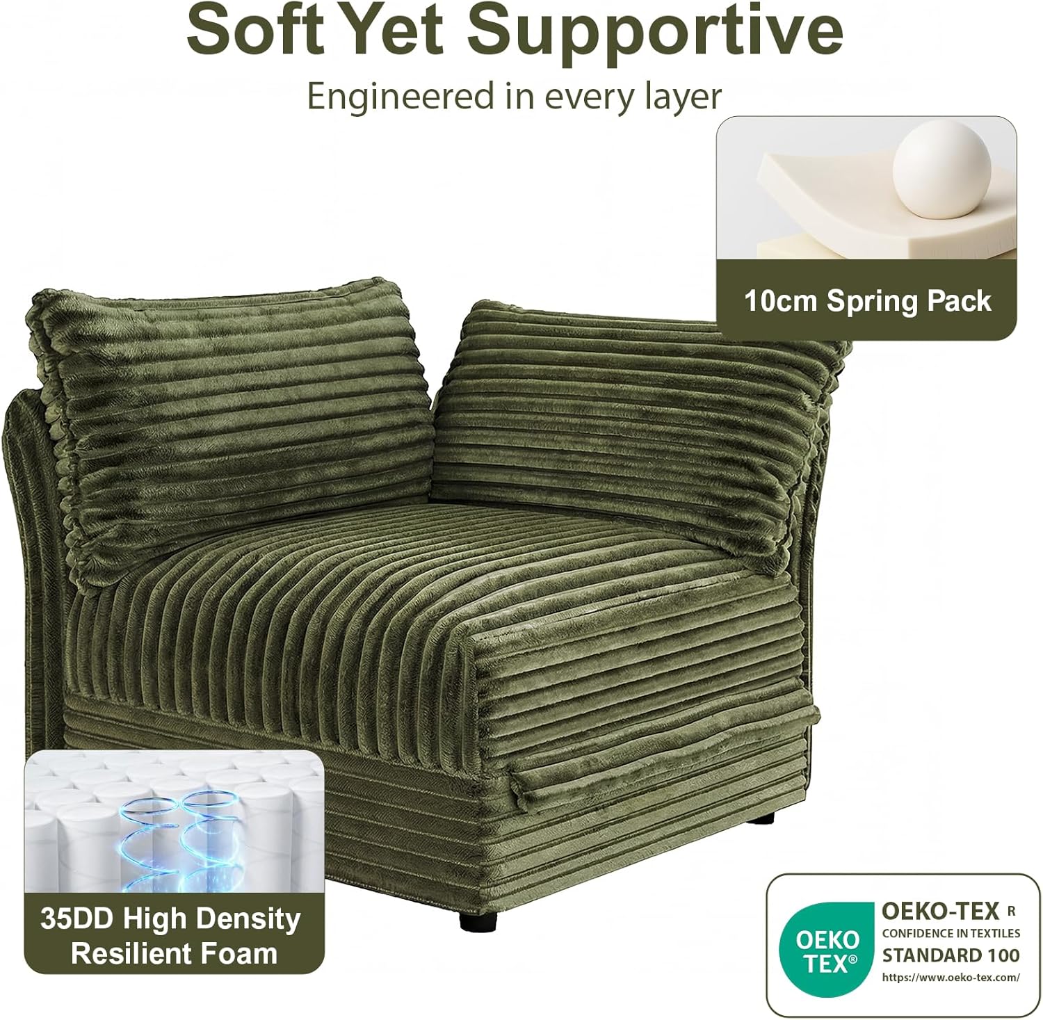 DreamDashio 7-Seat Sectional Sofa, Oversized Extra Wide Deep Seat Giant Detachable Modular Cloud Couch, Certified Corduroy Fabric with Storage & Detachable & Adjustable Arms, for Living Room, Green