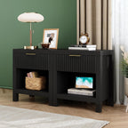 Nightstand Set of 2, Mid Century Modern Wooden Farmhouse Fluted Cabinet Bedside Cabinet, Boho End Table Side Table with Storage Drawer and Open Shelf, for Living Room, Office (Black)