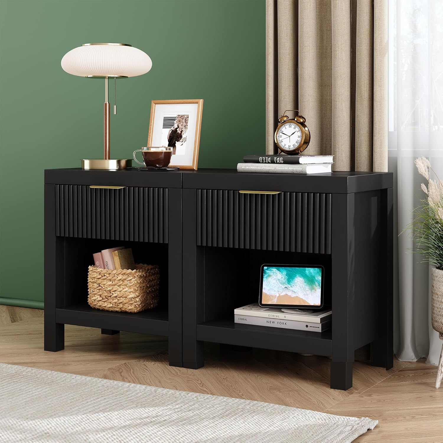 Nightstand Set of 2, Mid Century Modern Wooden Farmhouse Fluted Cabinet Bedside Cabinet, Boho End Table Side Table with Storage Drawer and Open Shelf, for Living Room, Office (Black)