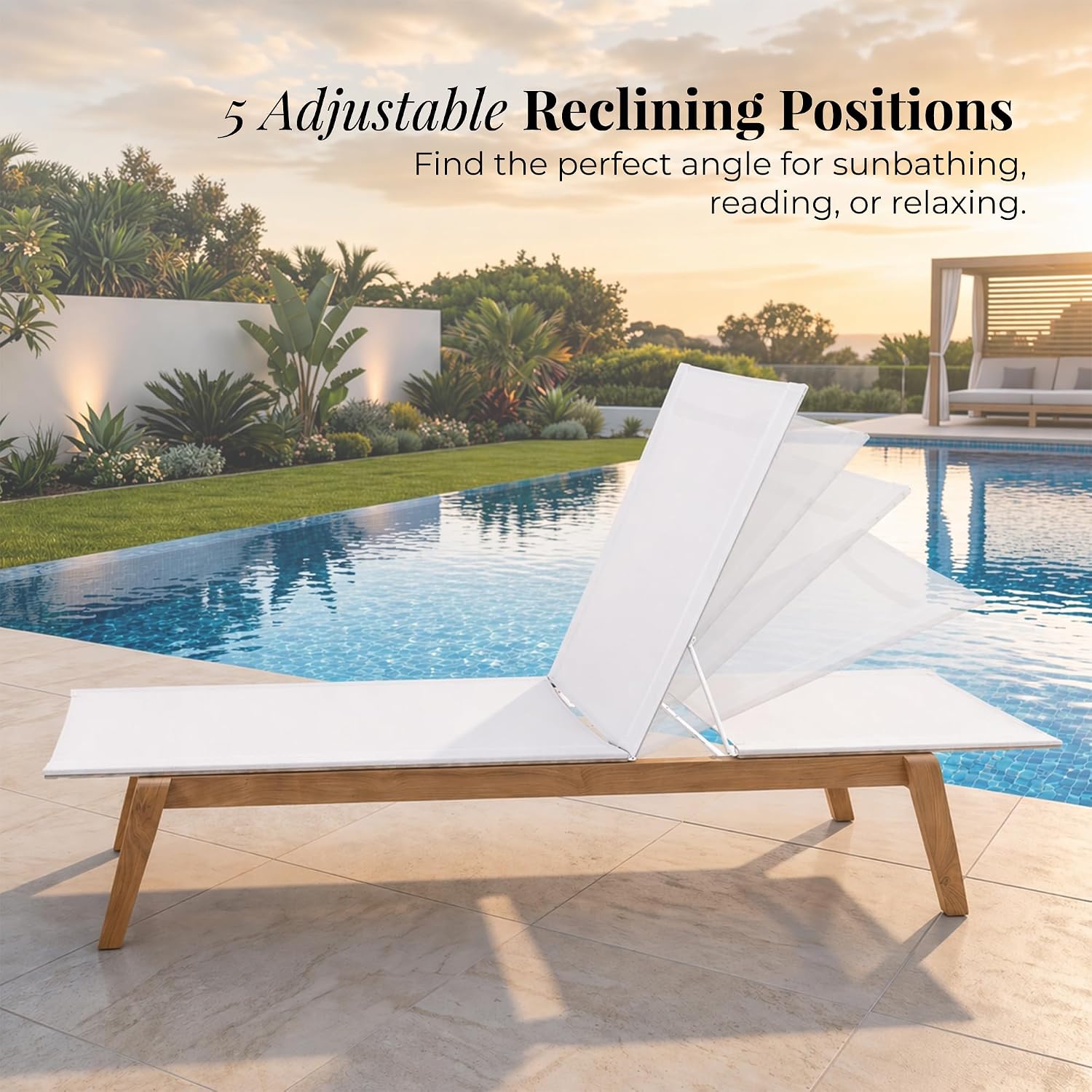 Menlo Stacking Teak & Sling Chaise Lounge Set of 2 — Grade A Teak Adjustable Pool Chairs with Wheels & 5-Position Backrest — Luxury Fully Assembled Poolside Furniture (White)