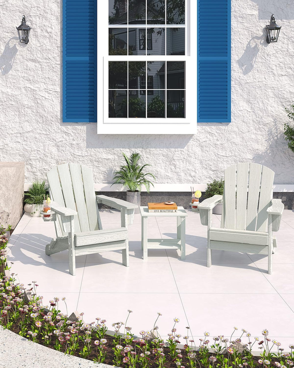 GarveeLife Folding Adirondack Chair Set of 2 with Side Table, All-Weather HDPE Outdoor Chair, Wooden Textured with Cup Holder for patios, Decks, Gardens, fire pits, White