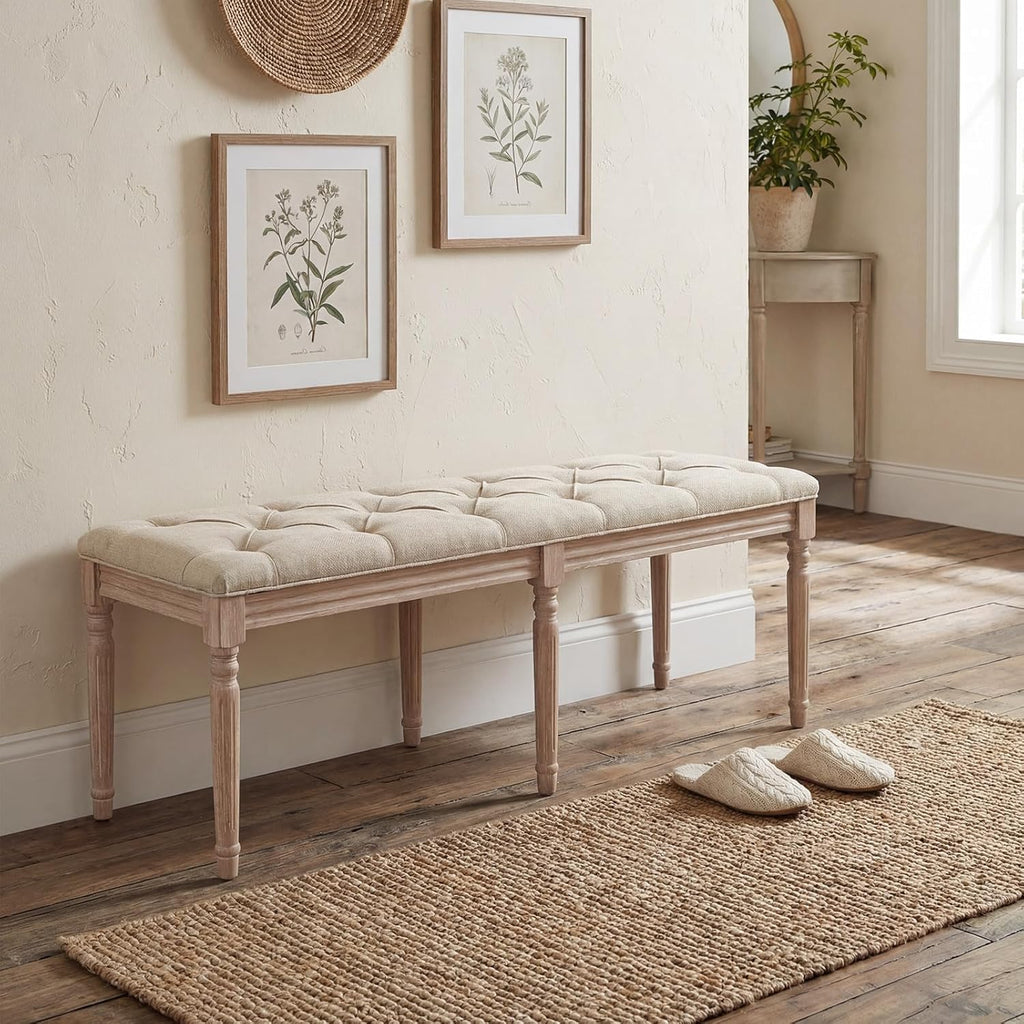 Giantex 47.5-inches Upholstered Dining Bench, Button-Tufted Table Bench with Carved Rubber Wood Legs, Padded Seat, Load 440Lbs, Vintage End of Bed Ottoman for Entryway, Living Room, Bedroom (1,Beige)