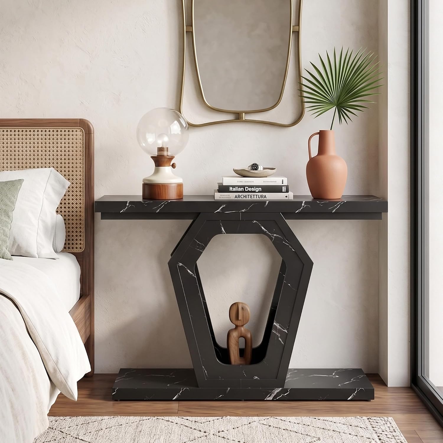 senlin Sofa Table 47.3 Inch Narrow Console Table with Openwork Frame, Industrial Entryway Table for Hallway, Wood and Metal, Adjustable Leg Pads, Easy Assembly (Black Marble Texture)