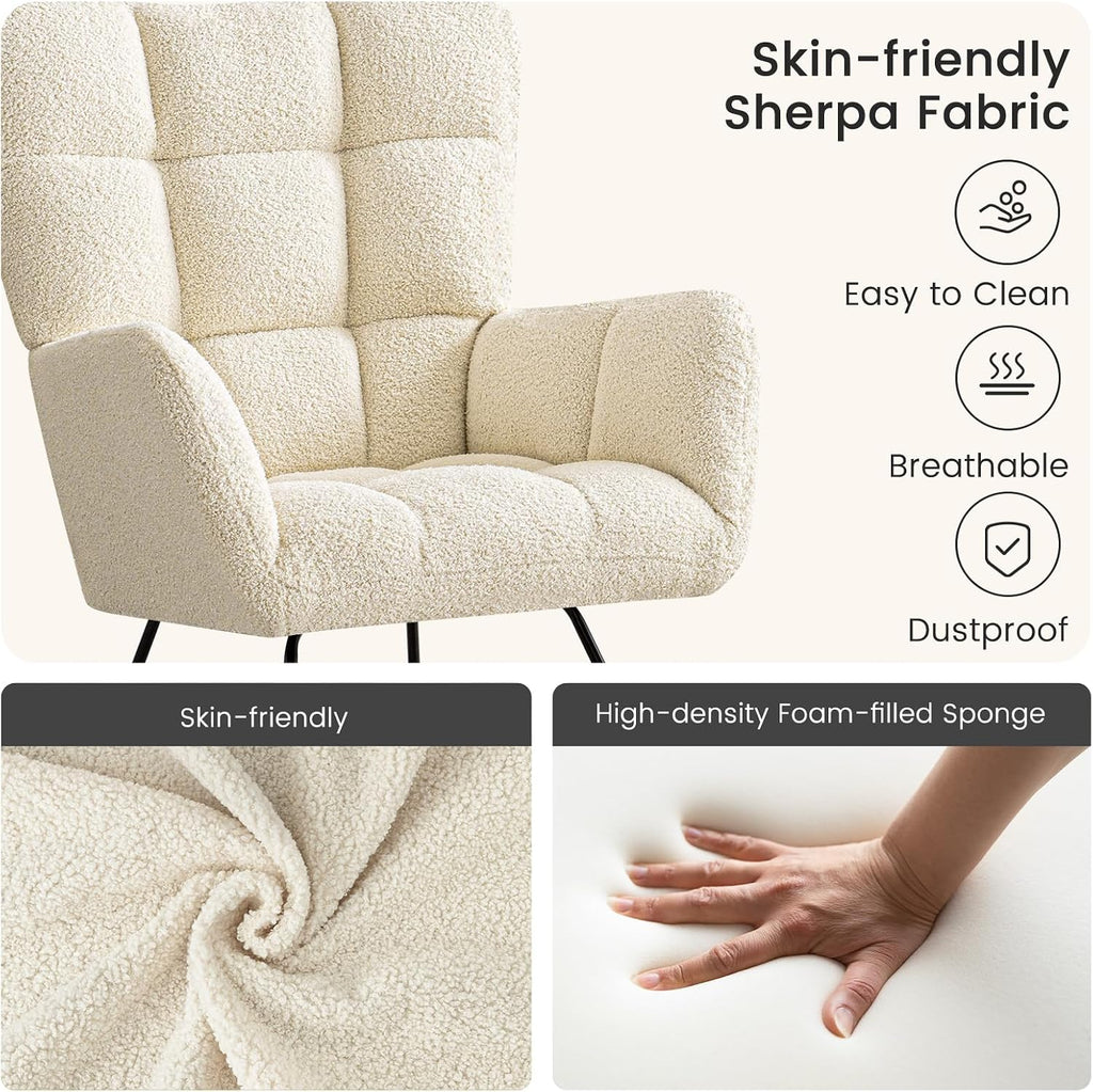 Furniliving Nursery Rocking Chair Upholstered Glider Rocking Chair Modern Accent Chair Padded Seat Reading Chair with High Backrest Comfy Chair for Living Room, Bedroom, Nursery, White, Teddy