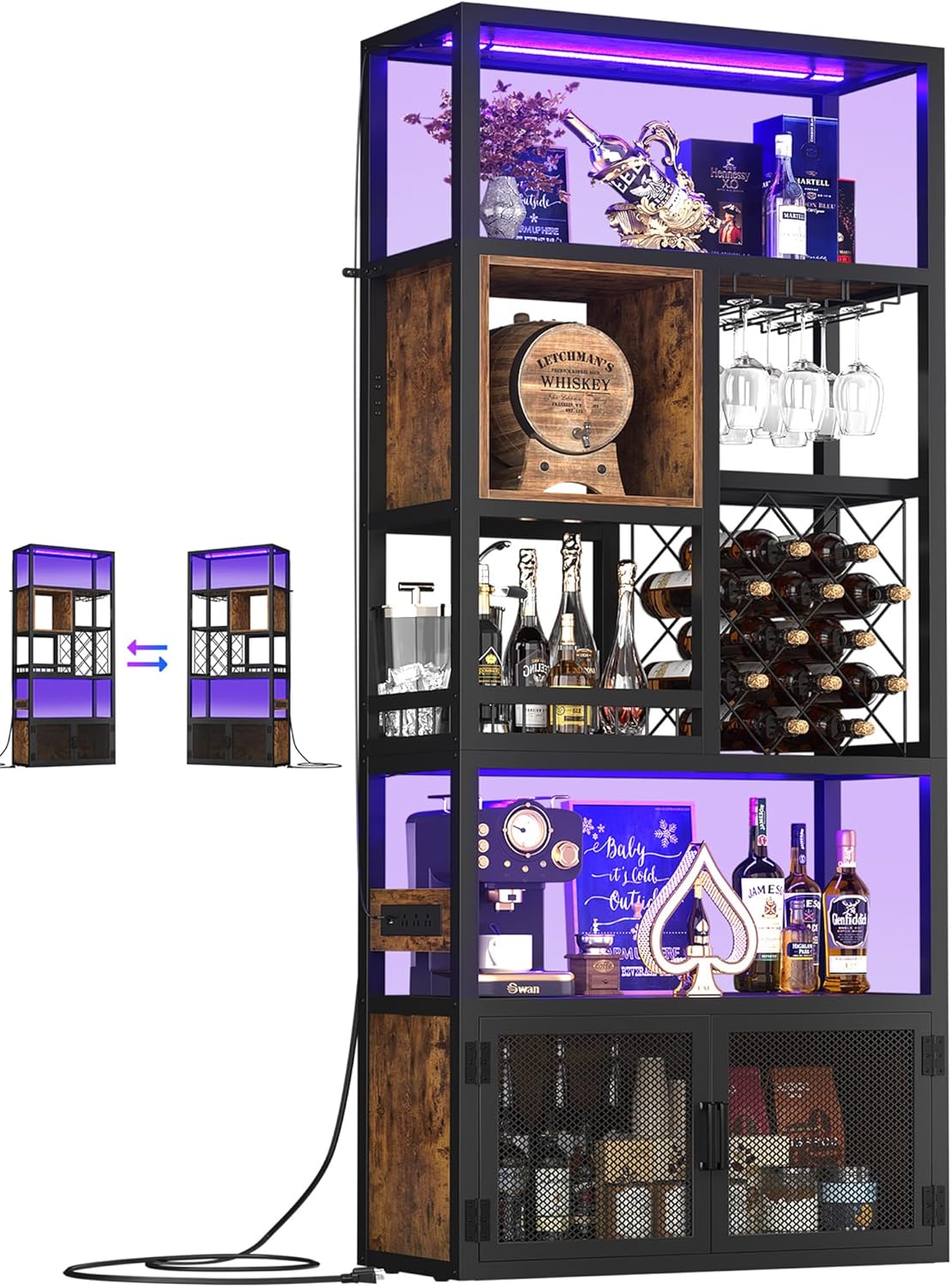 Armocity 82.6" Tall Bar Cabinet with Power Outlets & LED Lights, Liquor Cabinet Bar for Home, Reversible Coffee Station Wine Cabinet with Glass Holder & Wine Rack for Small Space, Rustic Brown