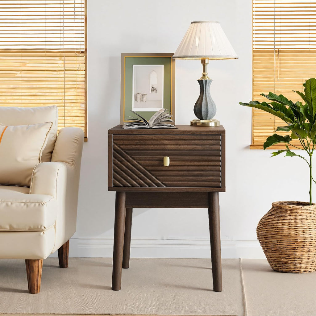 Mid Century Modern Nightstand Set of 2,Side Table with Storage Drawer,Bedside Table for Living Room Bedroom,Walnut