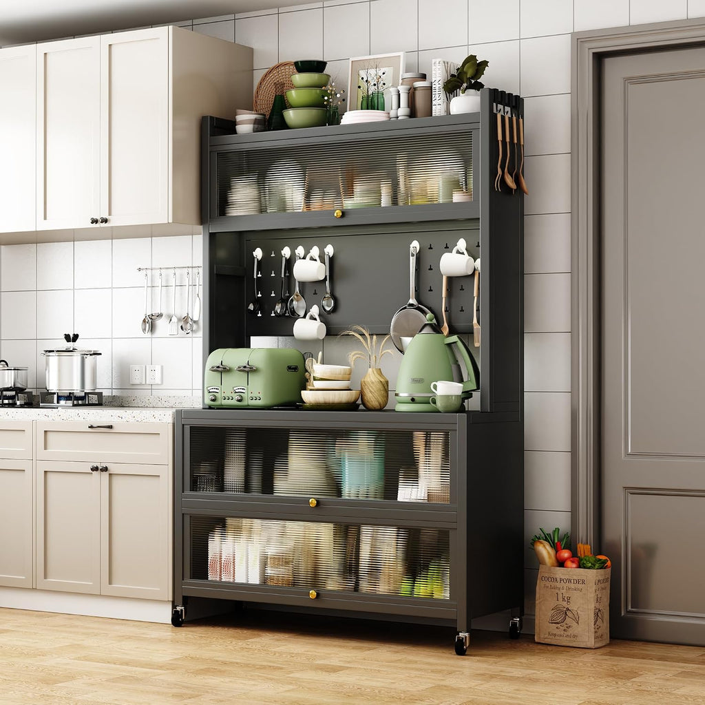JOYBASE Kitchen Pantry Storage Cabinet with Doors and Wheels, 65" Tall Freestanding Buffet Pantry Cabinet with Microwave Stand Pantry with Storage (Dark Gray, Steel)