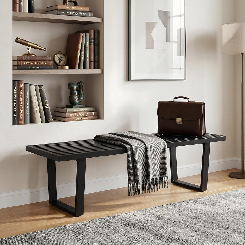 HNY Modern Entryway Bench Black Wood Minimalist Nelson Bench with Metal Legs for Bedroom Dining Room Hallway Foyer Living Room