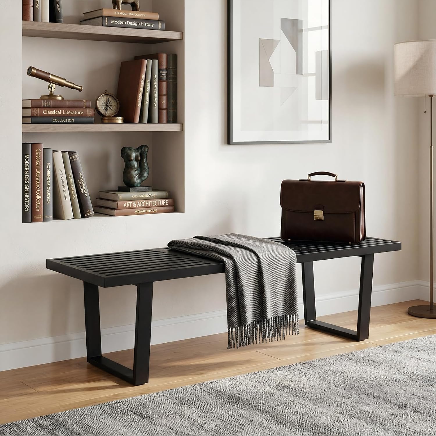 HNY Modern Entryway Bench Black Wood Minimalist Nelson Bench with Metal Legs for Bedroom Dining Room Hallway Foyer Living Room