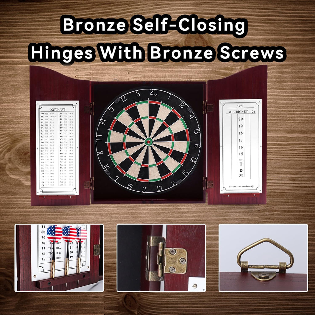 GSE Pro Solid Wood Classic Dartboard Cabinet Set, Deluxe Cherry | 18" Self-Healing Sisal/Bristle Dartboard, Scoreboard & 6 Steel Tip Darts, Complete with All Accessories, 3.5"D x 22"W x 25"H