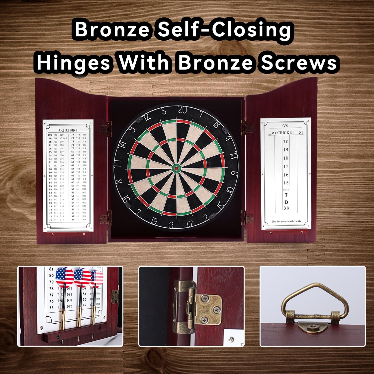 GSE Pro Solid Wood Classic Dartboard Cabinet Set, Deluxe Cherry | 18" Self-Healing Sisal/Bristle Dartboard, Scoreboard & 6 Steel Tip Darts, Complete with All Accessories, 3.5"D x 22"W x 25"H