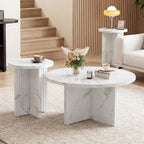 LEVNARY 2-Piece Round Coffee Table Set, 31.5" Coffee Table & 15.78" End Table, Marble-Look Top, Scalloped Fluted Base, Modern Living Room Table Set with Engineered Wood (White)