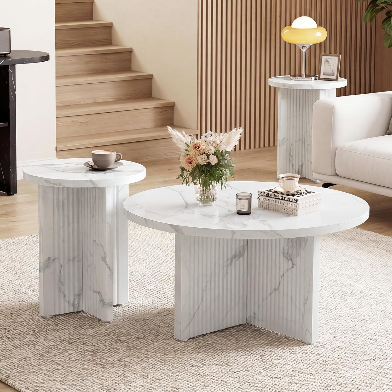 LEVNARY 2-Piece Round Coffee Table Set, 31.5" Coffee Table & 15.78" End Table, Marble-Look Top, Scalloped Fluted Base, Modern Living Room Table Set with Engineered Wood (White)