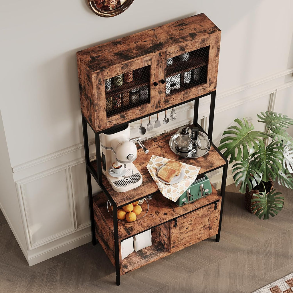 Garvee 63 in Tall Farmhouse Bakers Rack, 5 Tier Industrial Microwave Stand with Charging Station & Cabinets, Compact Kitchen Utility Shelves Coffee Bar Station for Small Spaces Apartments, Brown