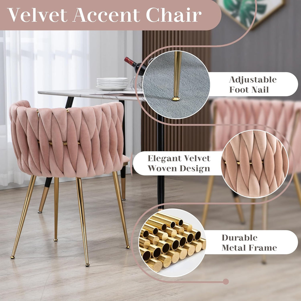 Gold Luxury Round Glass Dining Table Set for 4, 5 Pcs Clear Circle Glass Top Dinner Room Set, 36'' Modern Minimalist Circular Kitchen Table Set, Pink Woven Chair, for Small Place Apartment