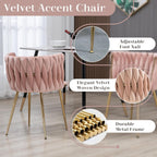 Gold Glass Round Dining Set for 2, 36'' Modern Minimalist Luxury Circle Dinner Room Set, 3 Piece Clear Glass Circular Kitchen Table with Pink Woven Chair Set, for Small Apartment Home