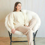 Comfy Faux Fur Saucer Chair for Adults, Foldable Moon Chair with Metal Frame, Soft Padded Lounge Chair for Bedroom, Dorm & Gaming, Large Cozy Circle Chair for Teens & Adults (Off-White)
