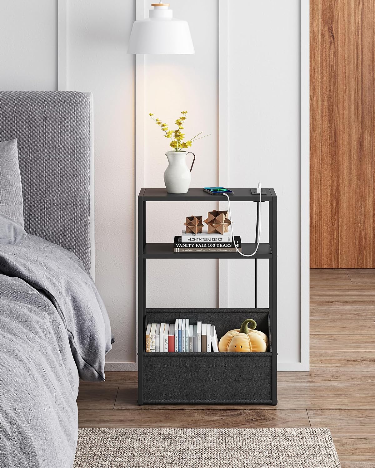 TUTOTAK Keep Phones Charged & Books Organized with Slim 3-Tier Side Table with Charging Station for Living Room Bedroom TB01BK095