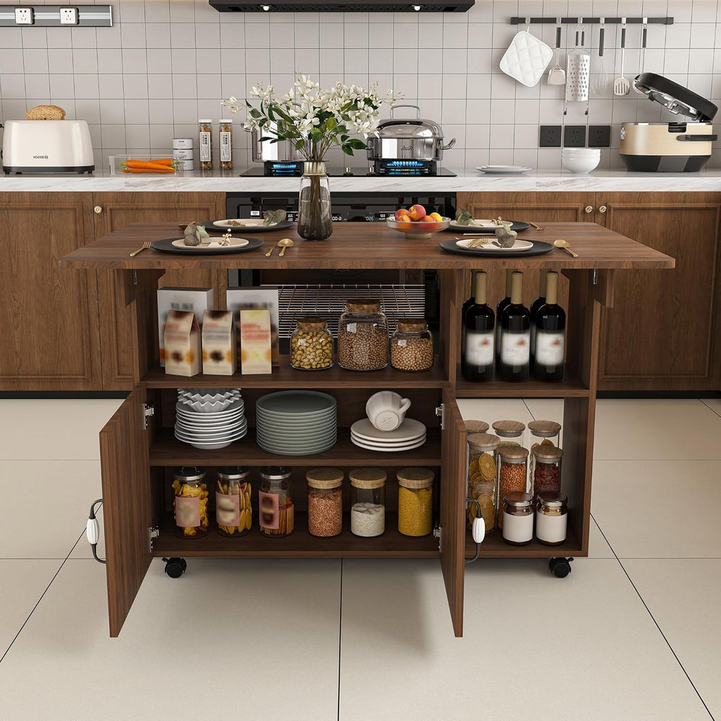 Kitchen Island with Storage, Rolling Kitchen Island on Wheels, 47" Rolling Cart with Drop Leaf, Home Bar Carts with Cabinet for Kitchen (Walnut)