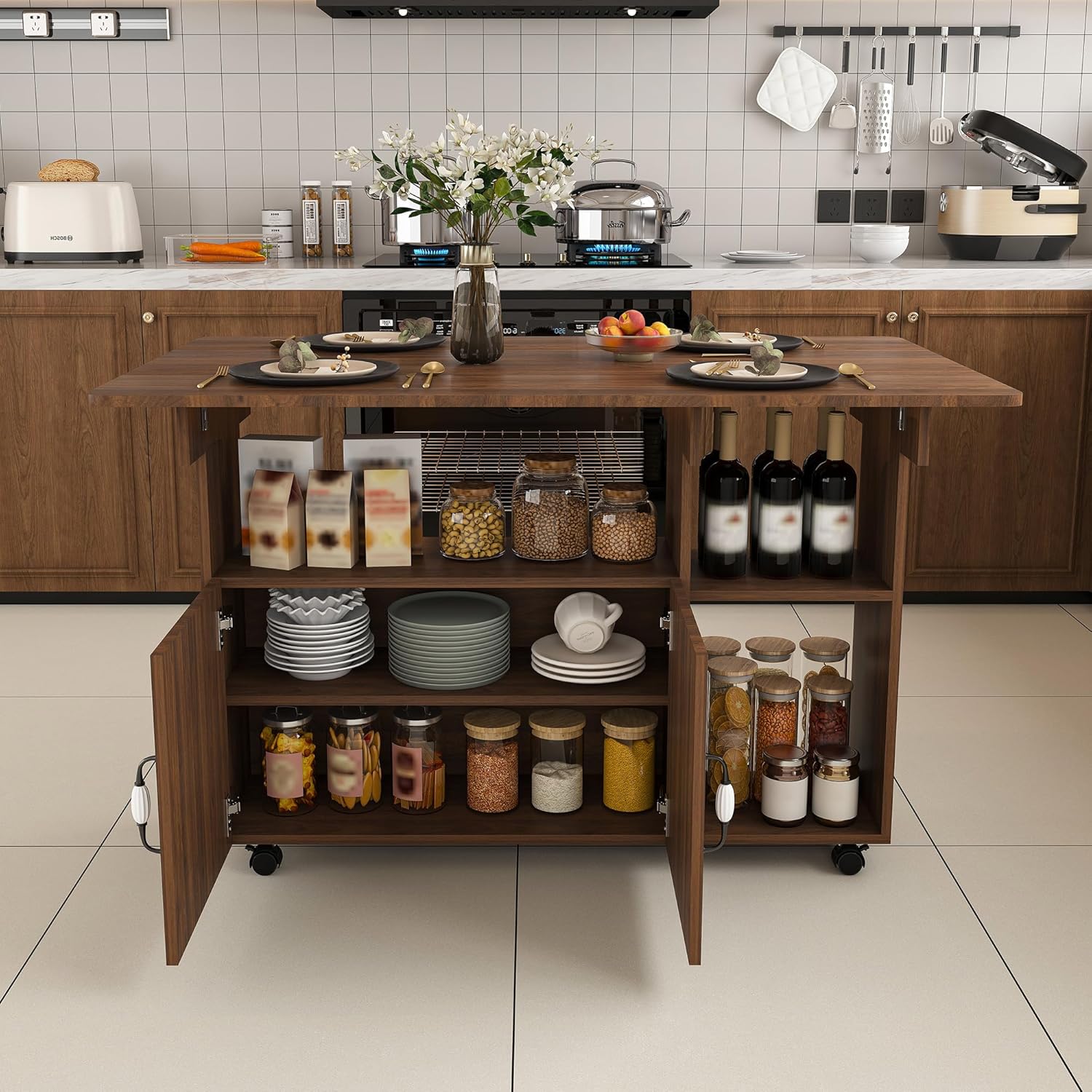 Kitchen Island with Storage, Rolling Kitchen Island on Wheels, 47" Rolling Cart with Drop Leaf, Home Bar Carts with Cabinet for Kitchen (Walnut)
