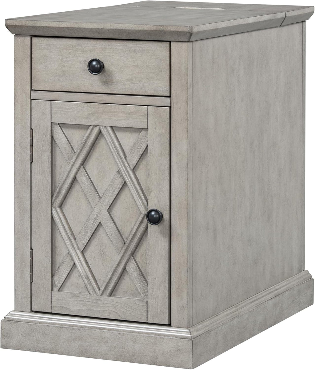 Multifunctional Classic Vintage End Table with USB Ports and 1 Drawer with Cup Holders, Sofa Side Narrow Table with Storage, Bedside Nightstand for Living Room Bedroom (Antique Gray-4.3)